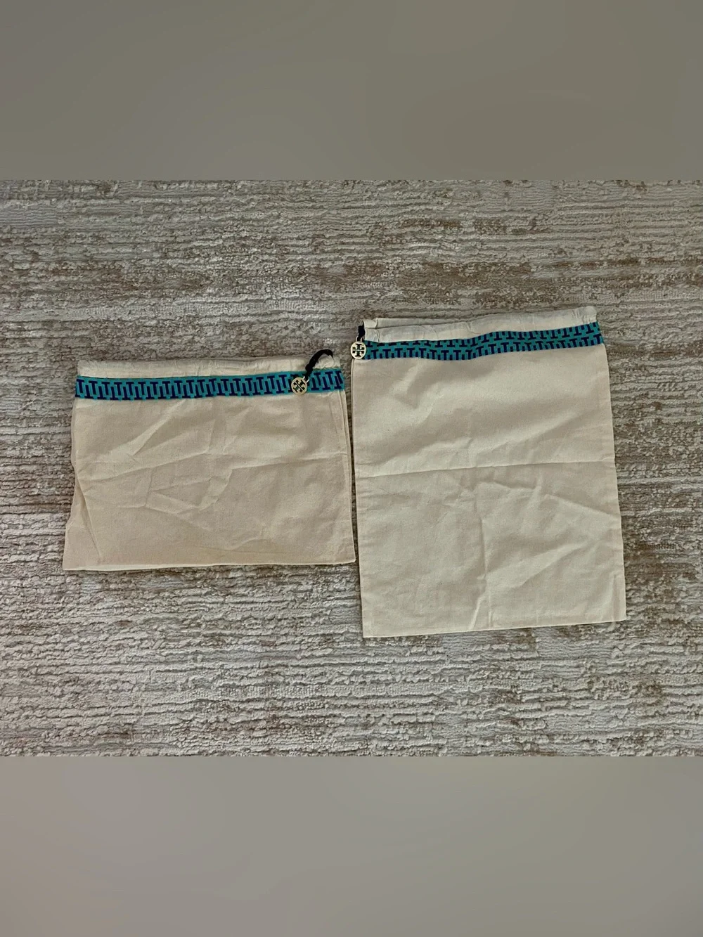 Tory Burch Canvas Dust Bag Blue with Purple and Gold Trim Logo Charm
